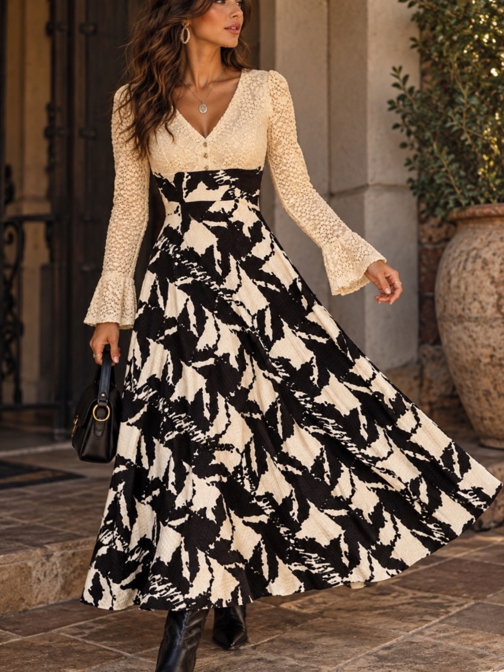 Vintage Handmade Cream Lace Dress with Black and White FULL skirt